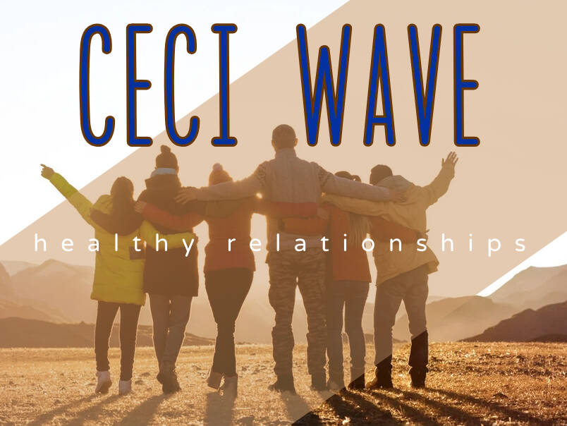 Group of six people standing arm-in-arm facing mountains at sunset, silhouetted against golden light. Text overlay reads "CECI WAVE" in bold blue letters with "healthy relationships" in smaller white text below.